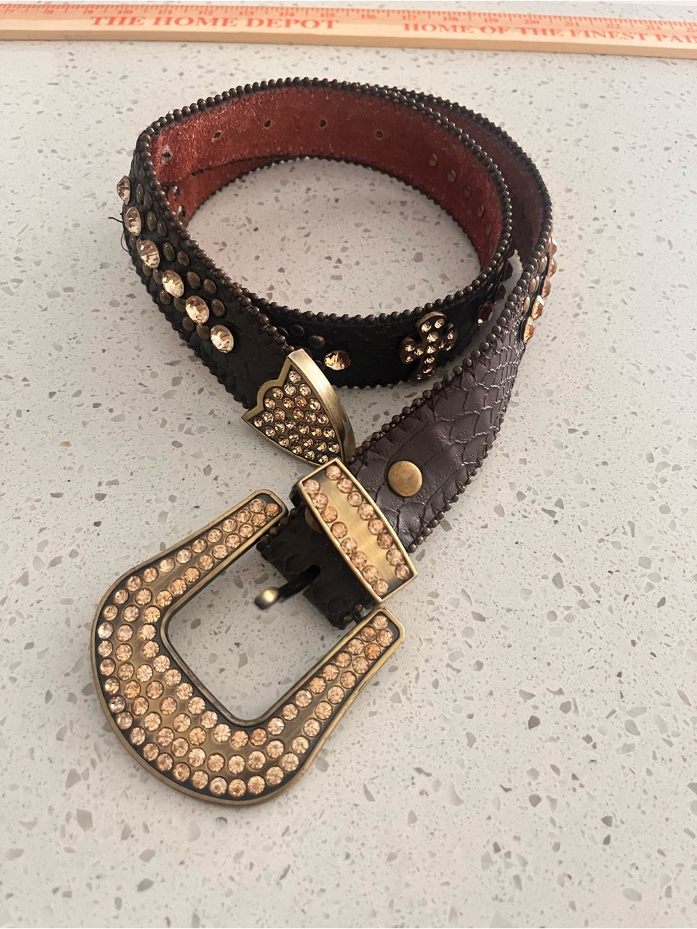 Studded Brown Leather Belt with Crystal Buckle - Women Accessories